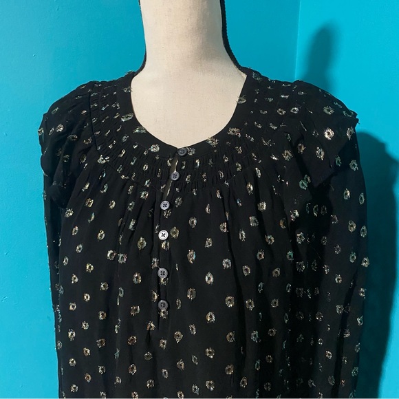 LOFT S Black Shimmer Clip Ruffle Button Blouse Smocked Neck Popover Metallic - Picture 3 of 6
